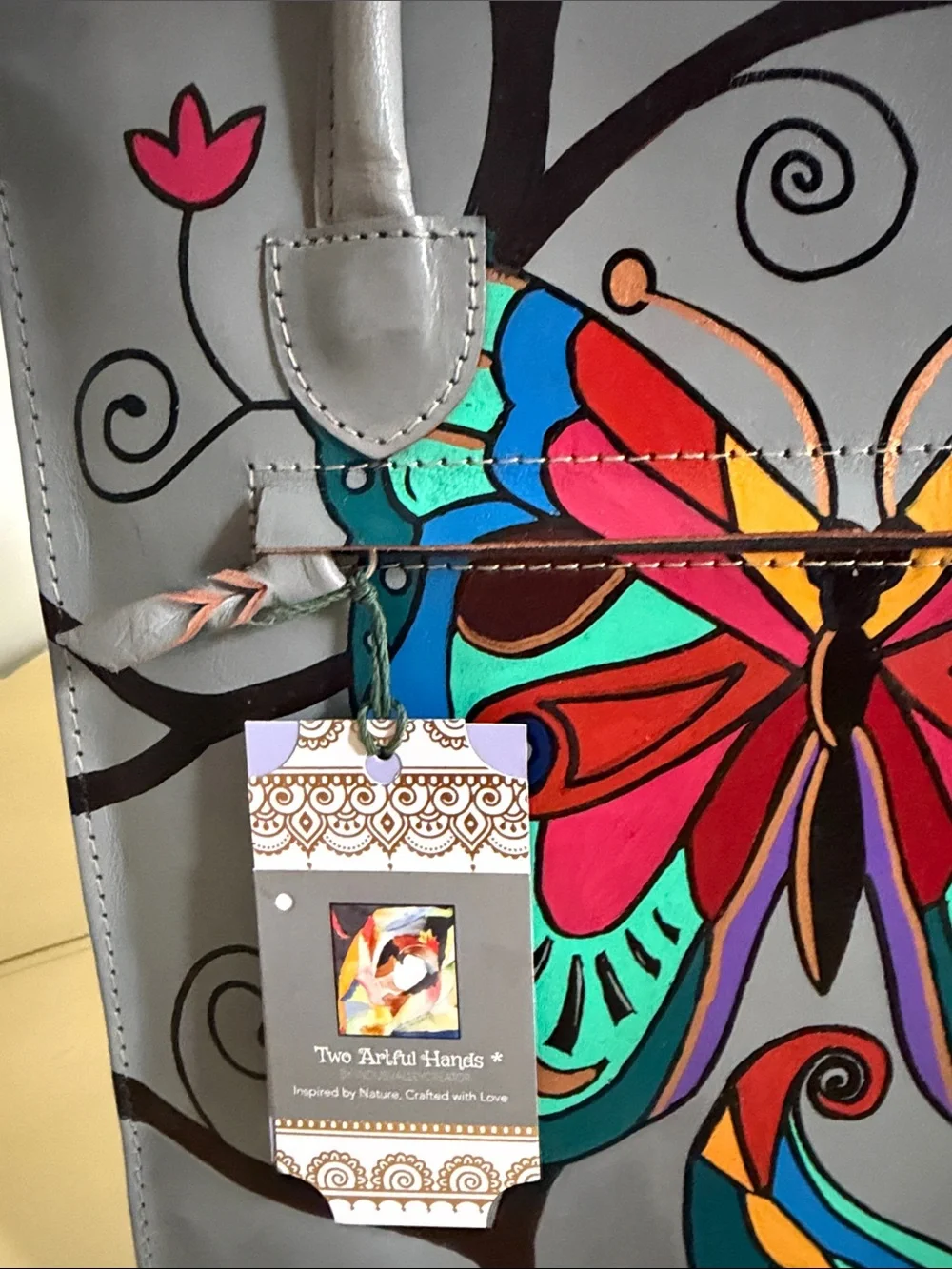 Gray Hand-Painted Butterfly leather Tote Bag new with tags